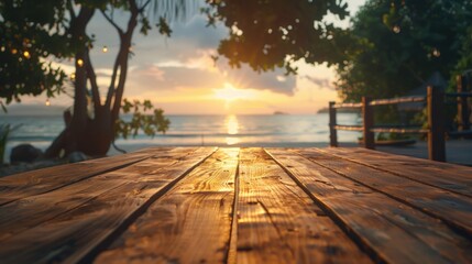 Poster - Wooden table with a beautiful sunset background. Ideal for lifestyle or nature concepts
