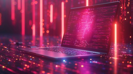 Leinwandbilder - Concept of software development. Computer technology isometric background with script on screen. Laptop hanging over table with code on screen. 3D rendering.