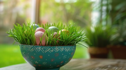 Aufkleber - Colorful Easter eggs in grass-filled blue bowl