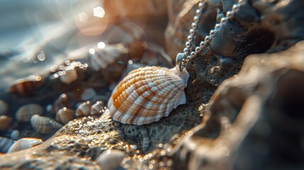 Poster - Close up of a shell resting on a rock, suitable for nature and beach themes