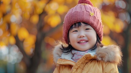 Canvas Print - A young girl dressed in a pink hat and jacket. Suitable for children's fashion or winter clothing concepts