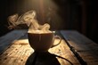 A cup of coffee with steam rising from it.