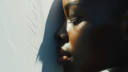 Wall Mural - A woman with a dark complexion is resting her head on a wall