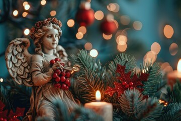 Poster - A statue of an angel holding berries and a candle, suitable for religious or holiday-themed designs