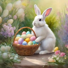 Wall Mural - AI generated illustration of A white rabbit surrounded by colorful eggs in the grass
