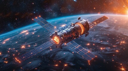 Aufkleber - The abstract banner of satellite communications shows an artificial earth satellite on orbit broadcasting internet data wirelessly. The satellite broadcasts a wireless signal of the global internet.