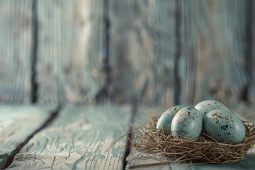Poster - Three eggs in a nest on a wooden table. Suitable for food and agriculture concepts