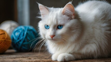 Poster - AI generated illustration of a White cat with blue eyes lounging amidst multiple balls of yarn