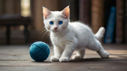 Poster - AI generated illustration of a White cat with blue eyes lounging amidst multiple balls of yarn