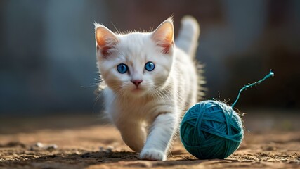 Poster - AI generated illustration of a White cat with blue eyes lounging amidst multiple balls of yarn