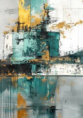 Wall Mural - AI generated illustration of abstract blue and yellow buildings in an oil painting