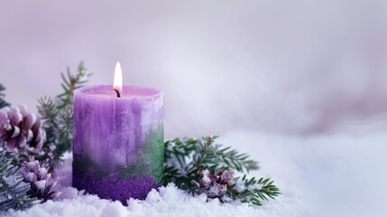 Poster - A purple candle sitting on top of snow-covered ground. Perfect for winter and holiday concepts