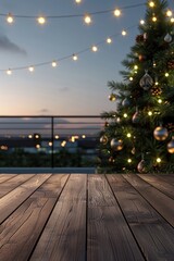 Poster - Festive Christmas tree on a rustic wooden deck, perfect for holiday season designs