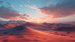 AI generated illustration of a desert landscape with sand dunes and cloudy sunset sky