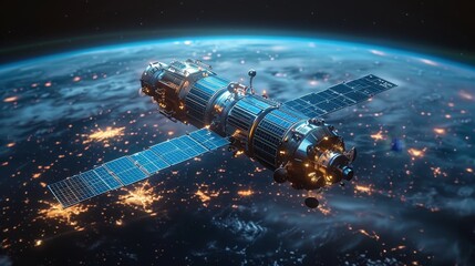 Poster - An artificial satellite earth data transfer concept on the map of the world. Using wireless internet satellite technology to communicate. Global telecommunications abstract illustration.