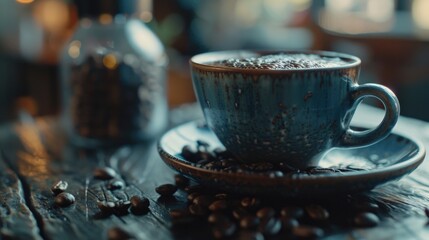 Poster - A cup of coffee sitting on a saucer, perfect for coffee shop promotions