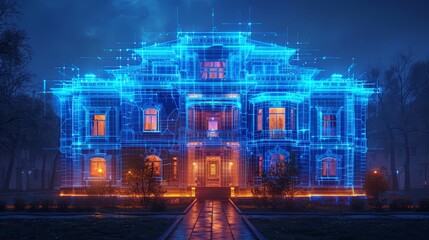 Fototapete - Design of building concept. Designing autonomous system for smart building. Designing communications for the house. Designing apartment house project. Architectural drawing, blueprint for the facade.