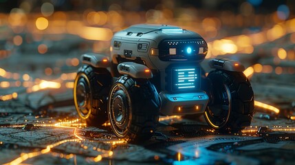 Aufkleber - The delivery of purchases is made by an autonomous robot on wheels. A drone rover navigates automatically on a city map to the buyer. An automated courier service for orders is provided. Order