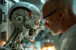 AI generated illustration of a man examines a synthetic skull in a laboratory