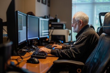 Wall Mural - AI generated illustration of a bearded man in glasses, typing on dual computer monitors at a desk