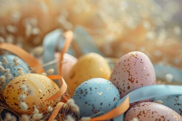 Aufkleber - A basket filled with lots of colorful Easter eggs. Perfect for Easter-themed designs