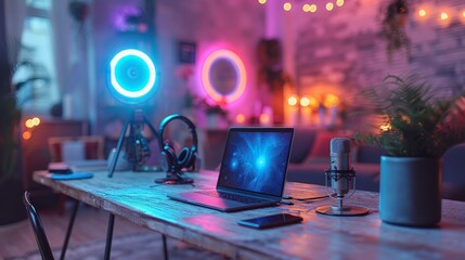 Leinwandbilder - This is the workspace of the Internet blogger. It features a streaming table with laptop, microphone, phone, and a led ring lamp on a tripod, lit up with a neon sign. It is a bright and cheerful room