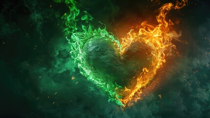 Poster - A vibrant green and orange fire heart against a dark black backdrop. Ideal for Valentine's Day designs or passionate concepts