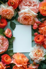 Poster - A white card surrounded by orange and pink flowers. Suitable for various occasions