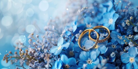 Poster - Wedding rings placed on top of a beautiful blue flower bouquet, perfect for wedding invitations or anniversary cards