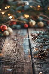 Aufkleber - Festive pine cones and ornaments on a rustic table. Perfect for holiday designs