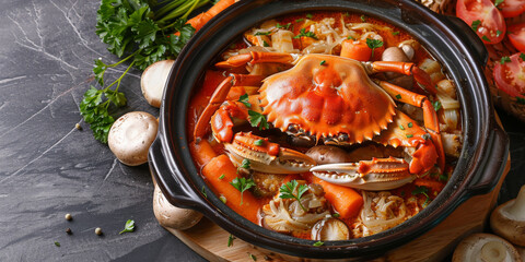 Delectable Seafood Stew with Fresh Herbs in Rustic Pot on Dark Background