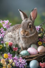 Poster - Cute rabbit sitting in a basket surrounded by colorful Easter eggs. Perfect for Easter holiday designs