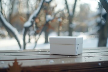 Aufkleber - A white box placed on a wooden table, suitable for various concepts