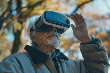 Poster - Elderly man immersed in virtual reality experience. Suitable for technology concepts