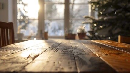 Poster - A wooden table placed in front of a window, suitable for interior design concepts