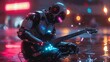 Cyborg rocker kneeling performs rock music, knocks out sparks from an electric guitar. Robot Music Show. Cool beautiful robotic girl rocker with AI.3D.