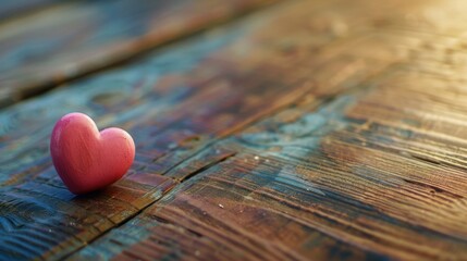 Poster - A pink heart-shaped object placed on a wooden table. Suitable for various romantic themes
