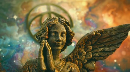 Poster - A statue of an angel with a peace sign in the background. Suitable for various themes and concepts