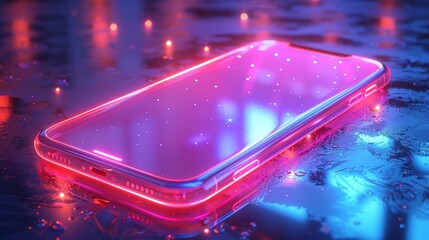 Poster - Mock up cellphone angled at a 90-degree angle with empty screen on table or reflection surface. Smartphone is on desktop. 3D realistic illustration of phone with neon shapes on background.
