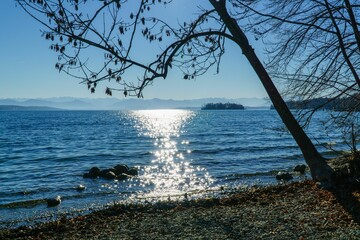 Starnberg lake view in a sunny day with clear sky background, Bavaria