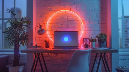 Fototapete - A streamer's desk with a laptop, microphone, phone, tripod, led ring lamp and neon. A white room with a bright blog room.
