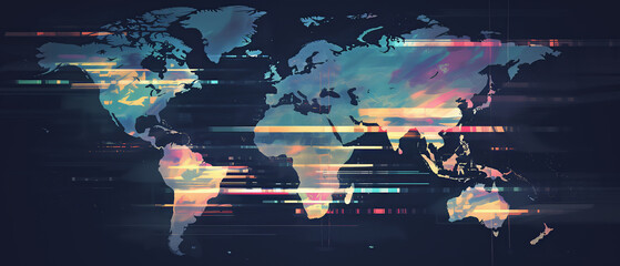 Wall Mural - digital world map art: abstract data flow representation with futuristic technological aesthetic