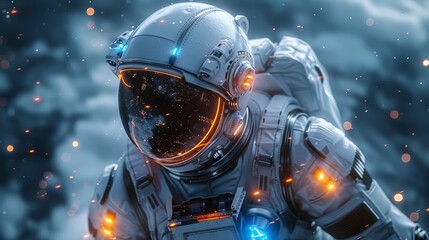 Aufkleber - 3D rendering of superhero cyborg in exoskeleton with flying robotic armor. 3D rendering of muscular man in sci-fi flying iron suit.