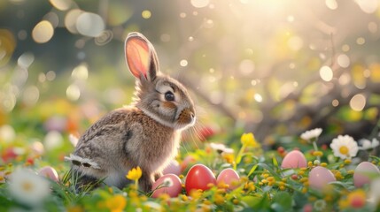Poster - A small rabbit sitting in a field of colorful flowers. Suitable for nature and wildlife themes