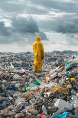 Poster - A man in a yellow raincoat standing on a pile of garbage. Perfect for environmental or pollution concepts