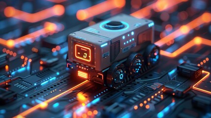 Aufkleber - A delivery robot is shipping your order in a cardboard box. An autonomous vehicle is shipping the order to the location you specify on the map. This is a robotic delivery service. It is an isometric