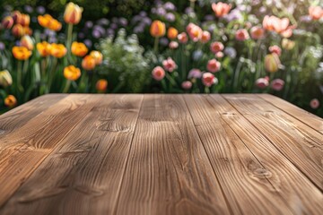 Poster - A simple wooden table with a background of flowers. Suitable for various design projects