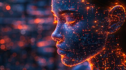 Fototapete - AI isometric concept. Cybernetic brain communication with network and analysis of data. Robot or cyborg head. 3D rendering.