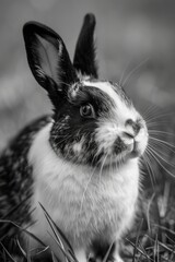 Aufkleber - A black and white photo of a rabbit in the grass, suitable for nature-themed designs