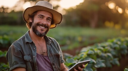 Wall Mural - Farmer smiling while using tablet in the field.